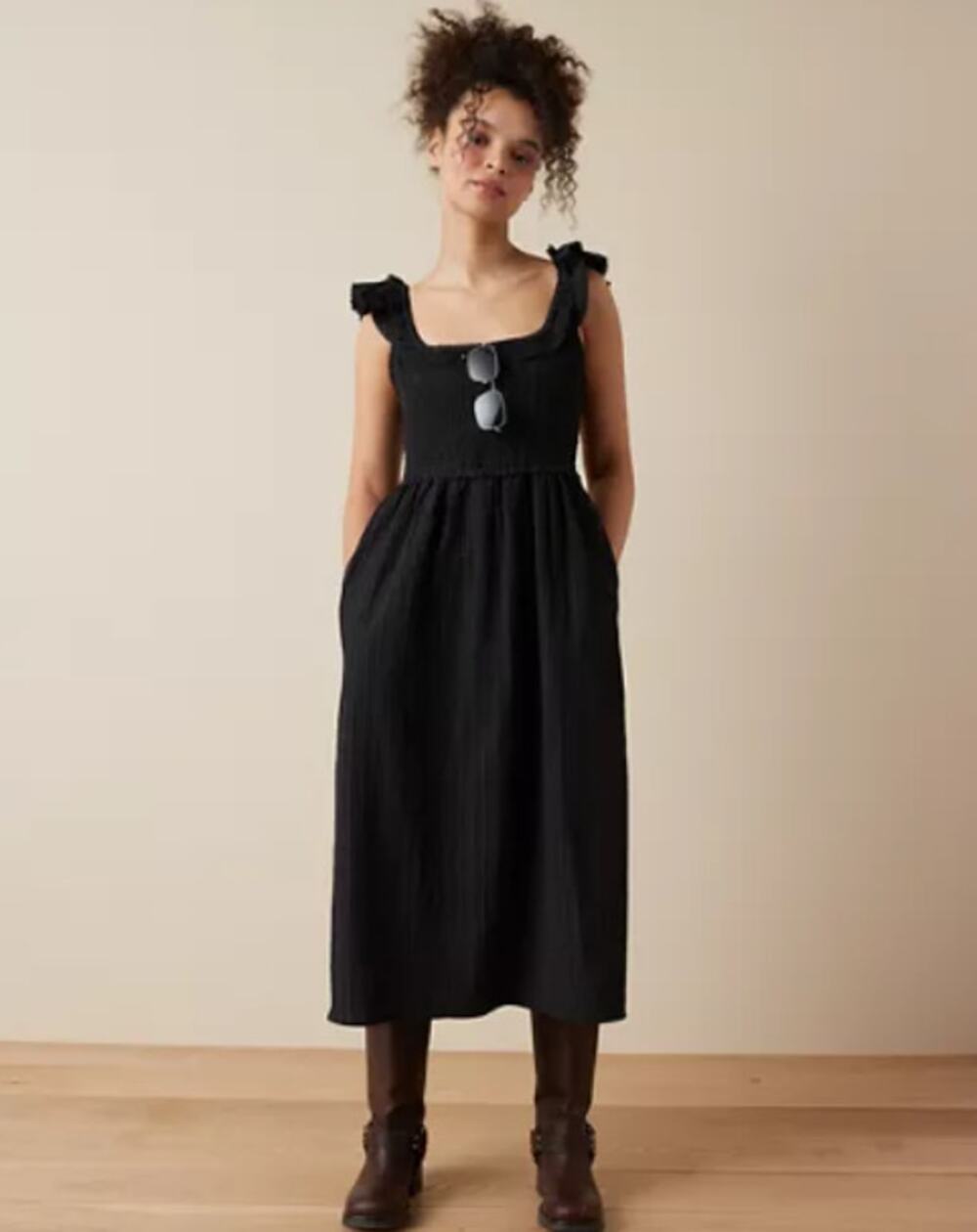 American Eagle Black Smocked Ruffle Strap Midi Dress Pockets Large EUC